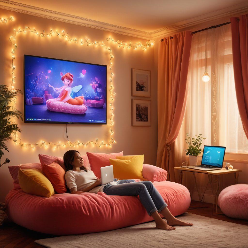 A captivating scene depicting a cozy, softly-lit virtual room, adorned with plush cushions and decorative fairy lights. In the foreground, a charming performer interacts with a computer screen, exuding confidence and allure, while engaging with an online audience. The digital interface showcases lively chat bubbles and emojis, enhancing the sense of intimacy. Subtle hints of sensuality are present through suggestive yet tasteful decor. vibrant colors. 3D style.