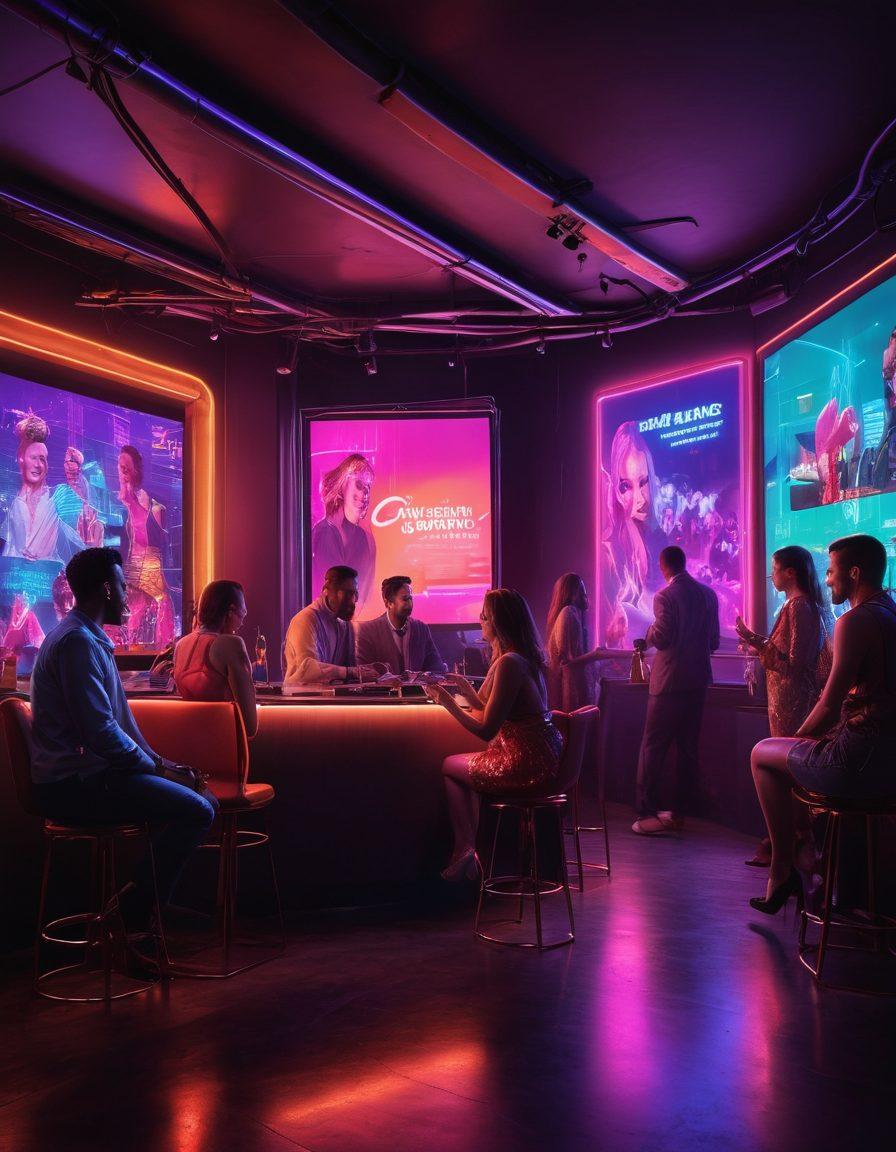 A vibrant and dynamic scene featuring a diverse group of adults engaging in various interactive entertainment activities, such as a live-streamed performance and a virtual chat room. The setting combines modern technology and an inviting atmosphere, with colorful neon lights and immersive screens showcasing alluring visuals. Incorporate elements of both erotic elegance and playful engagement, emphasizing connection and interaction. super-realistic. vibrant colors. nightlife aesthetic.