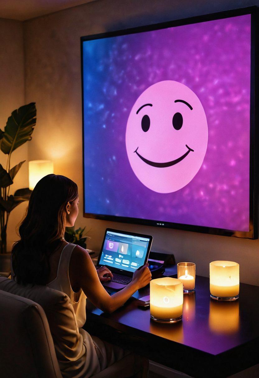 A captivating scene of a lush, luxurious room filled with soft, ambient lighting and plush furnishings, where a confident individual is engaging with an enthusiastic online audience through a sleek, high-tech streaming setup. The environment radiates warmth and allure, with hints of sensuality portrayed through velvet fabrics, candles, and artful decorations that invoke a sense of intimacy. The streaming screen displays vibrant interactions, showcasing playful emojis and live messages. super-realistic. vibrant colors. intimate atmosphere.